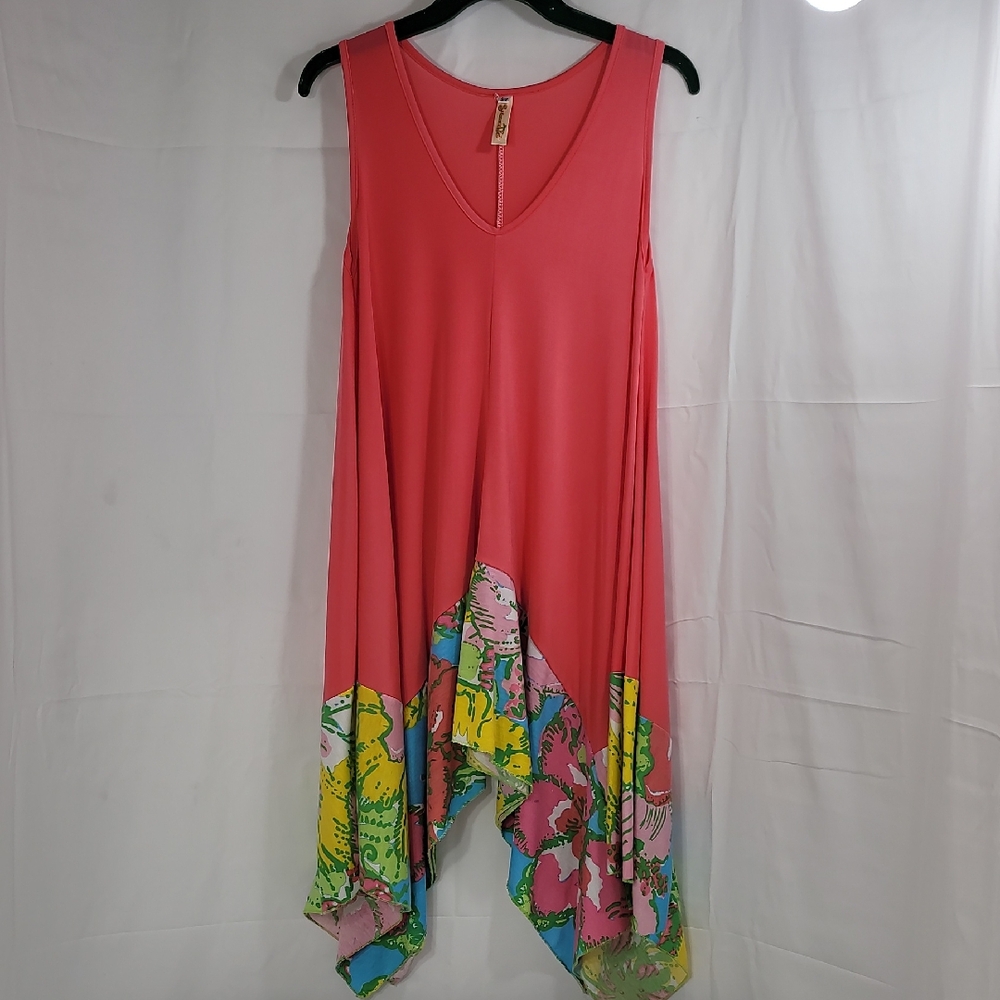 Shoreline Asymmetrical Dress in Pink with Multicolor Hem